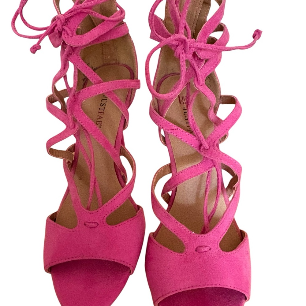 BNWOT JustFab Hot Pink Suede Lace-Up Heeled Sandals, Size 7